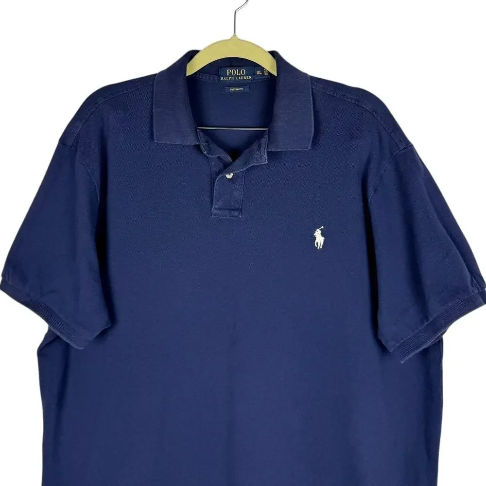 Polo Ralph Lauren‎ Navy Blue Cotton Custom Fit Collared Short Sleeve Top Sz XL